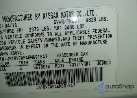 2014 Infiniti Q50 from USA, damaged, VIN JN1BV7AP4EM691647